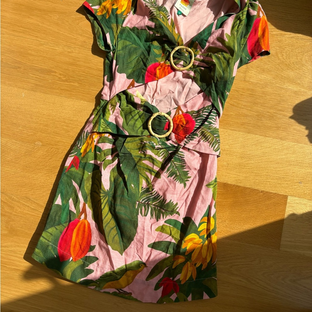 FARM RIO Floral Pink and Green Dress with Belted Accents
